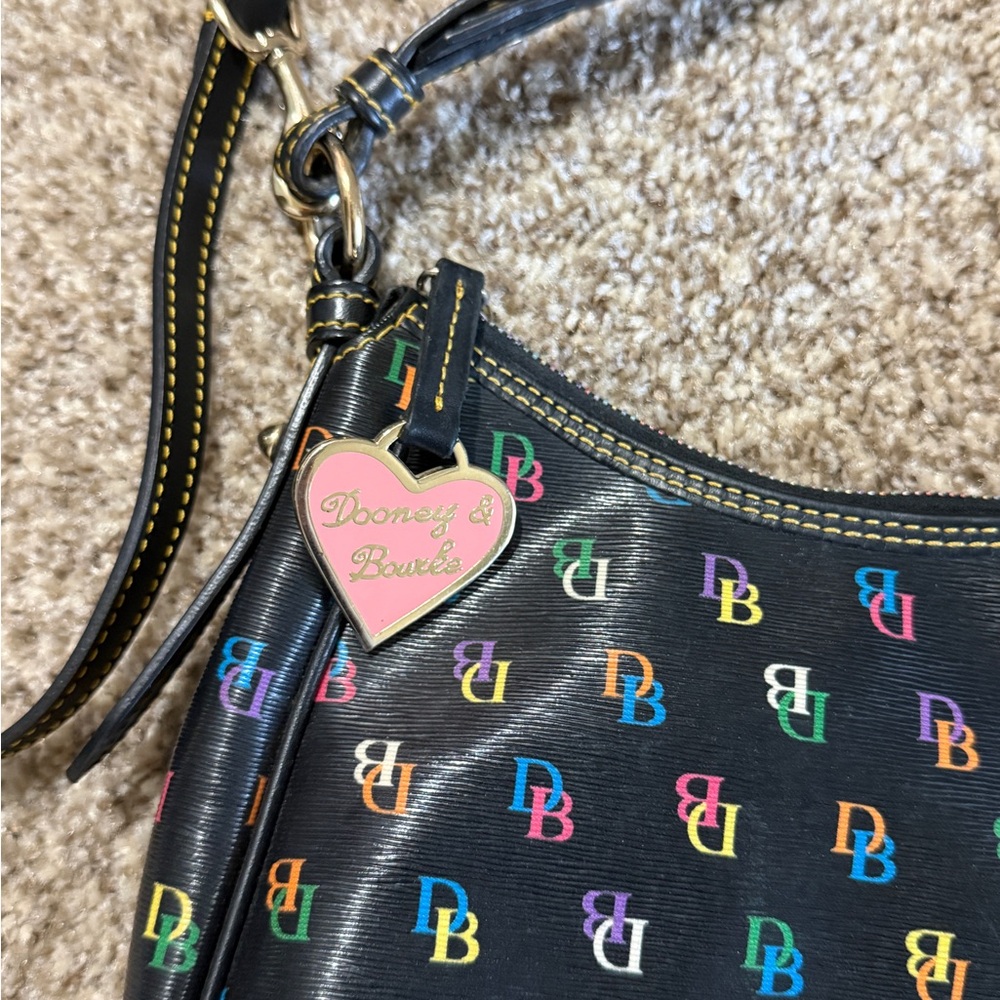 Dooney & Bourke Black Leather Shoulder Bag with Multicolor DB Logos - Picture 2 of 9